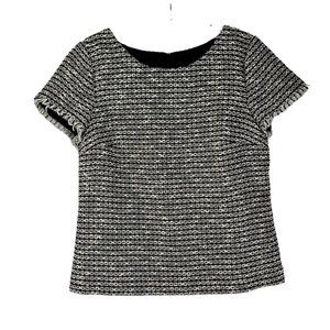 Talbots Black Cream Short Sleeve Fringe Trim Exposed Back Zip Blouse 4